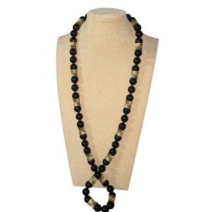 Talbots 1990s Black & Silver Tone Beaded Necklace 34 Inch retro vintage